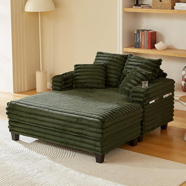 Chaise Lounge Chair Indoor, Amsleekey 64" Oversized Sleeper Chair with Wood Frame, Upholstered Sofa Bed for Living Room, Movie Room, Bedroom with 4 Storage Pockets&2 Cup Holders(Plush Corduroy, Green)