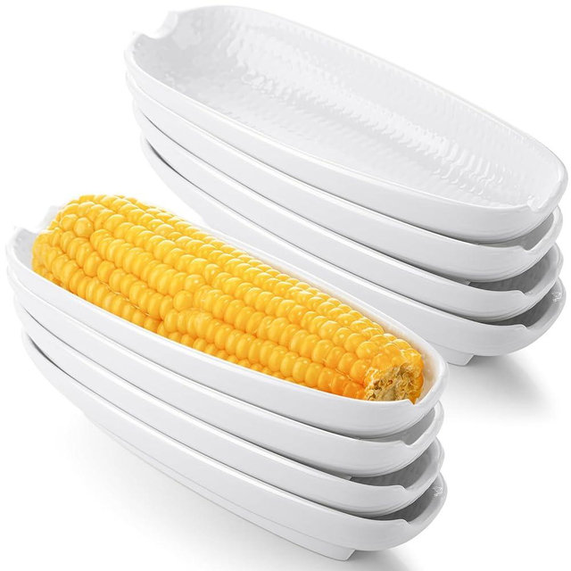 Reallnaive 8 Pcs Ceramic Corn on The Cob Holders 8. 8 Inch on The Corn Dishes Plates Non-slip Bottom Microwave Oven Dishwasher Safe for Family or Restaurant (White)