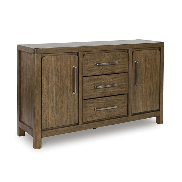 Signature Design by Ashley Cabalynn Farmhouse Glazed 2-Door Dining Server with Adjustable Shelves and 3 Drawers, Light Brown