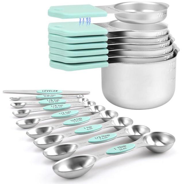 Magnetic Measuring Cups and Spoons Set-Heavy Duty 304 Stainless Steel，Double Measurement Markings，Set of 16 with Leveler for Measure Dry and Liquid Ingredients (Mint)
