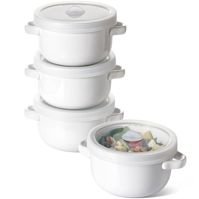 LE TAUCI Soup Bowls With Handles 28 oz and Silicone Lids, French Onion Soup Bowl for Chili, Beef Stew, Cereal, Ceramic Soup Crocks oven Safe, Microwave Dishwasher Safe - 5.5 inch, Set of 4, White