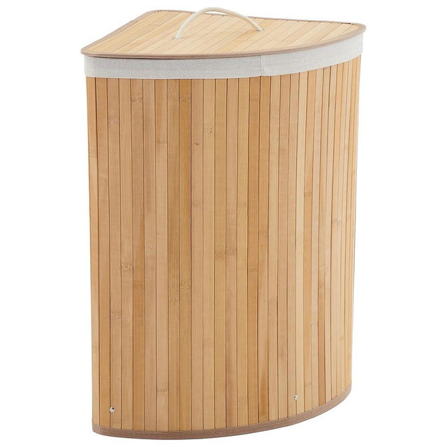 GarveeHome Corner Laundry Hamper with Lid, 15.3 Gal / 58 L Large Foldable Bamboo Laundry Basket with Washable Liner Bag, Wicker Clothes Hamper for Bedrooms Bathrooms Apartments, Natural