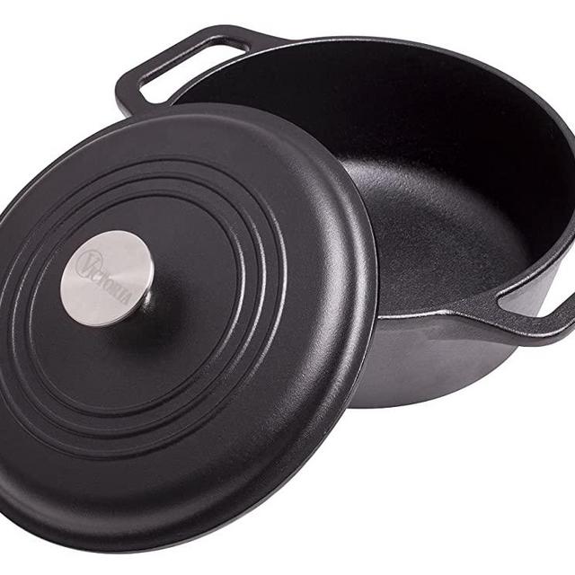 Victoria Cast Iron Dutch Oven with Lid. Stock Pot with Dual Handles Seasoned with 100% Kosher Certified Non-GMO Flaxseed Oil, 4 Quart, Black
