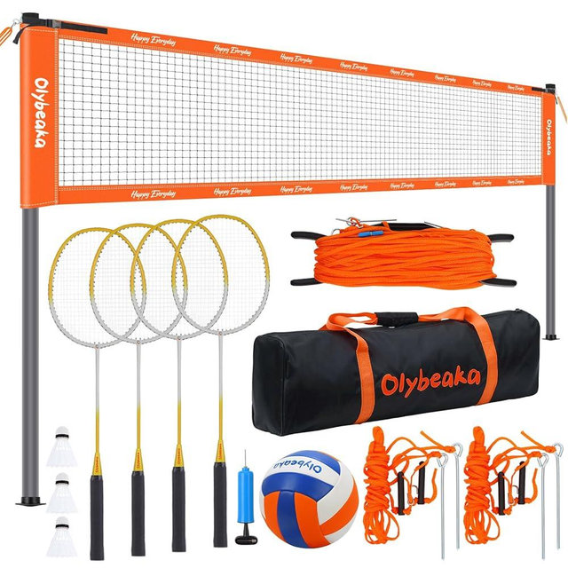 Olybeaka Outdoor Volleyball Badminton Combo Set with Net, Anti-Sagging Design, 4 Badminton Rackets, 3 Birdies and PU Volleyball for Backyard Lawn Beach