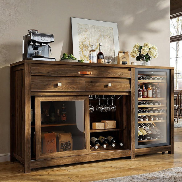 STO'SENSE Extra Large Coffee Bar Cabinet w/Fridge Space&Power Outlet,Lux MiniFridge Cabinet w/2Drawers,Wine Rack,Leather Handle,Adj.Shelves,Bar Tray,Glass Holder&Sliding Door,Buffet Sideboard,Walnut
