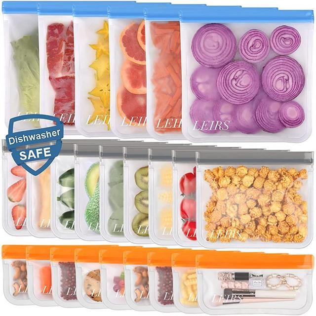 Dishwasher Safe Reusable Storage Bags, 24 Pack Extra Thick Reusable Food Bags, BPA Free Leakproof Reusable Freezer Bags (9 Reusable Sandwich Bags, 9 Reusable Snack Bags, 6 Reusable Gallon Bags)