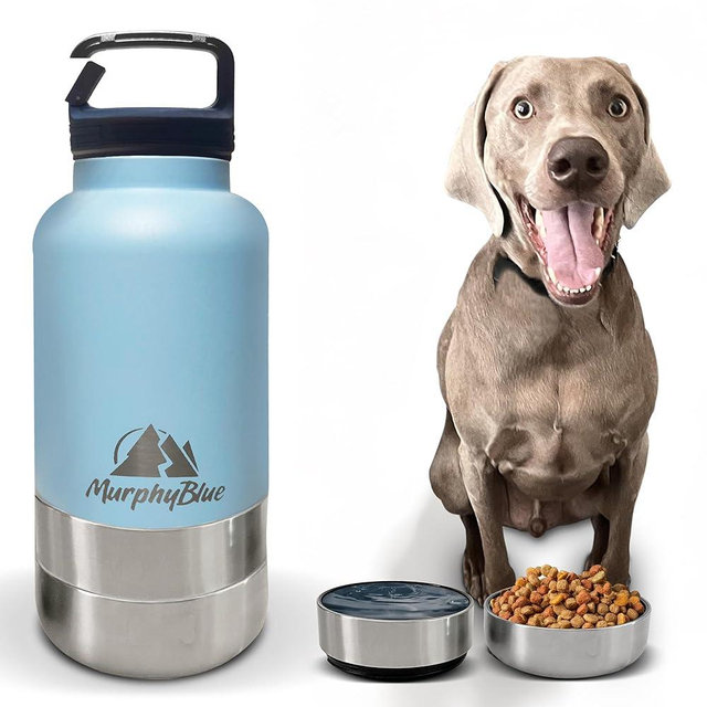 MurphyBlue Dog Water Bottle | 32 oz. Capacity Insulated Stainless Steel, Lid w/Built-in Carabiner, BPA Free Plastic Detachable Bowls, Portable Dog Water Bottles, Travel Bowls for Pets