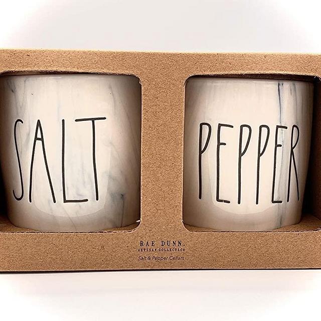 Rae Dunn Artisan Collection by Magenta white and Gray Salt and Pepper cellars with lids