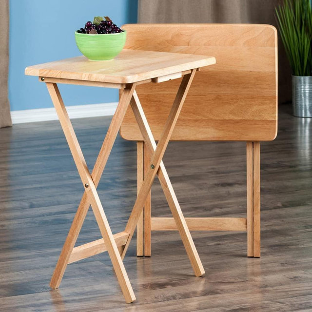 Oakestry Alex 2-pc Foldable TV Set Table Natural Tray Portable Wooden Snack Table for Livingroom Bedroom Office, 19.06" D x 14.57" W x 25.98" H