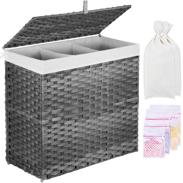GREENSTELL Laundry Hamper with Lid, 125L Large 3 Sections Clothes Hamper with 2 Removable Liner Bags 5 Mesh Laundry Bags, Handwoven Synthetic Rattan Divided Laundry Basket for Clothes, Toys Gray