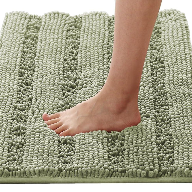 H.VERSAILTEX Bath Mats for Bathroom Non Slip Thick Chenille Striped Bath Rug Absorbent Fluffy Soft Shaggy Rugs Washable Dry Fast Plush Mats for Indoor, Bath Room, Tub - 20" x 32", Eucalyptus Green