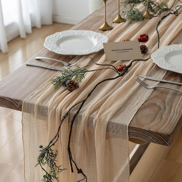 Keketoarrange Keketo Deep Beige Cheesecloth Table Runner Rustic Boho Gauze 120 Inch 10 FT Cheese Cloth for Wedding Baby Shower Bridal Shower Birthday Engagement Party Long Sheer Home Decorations