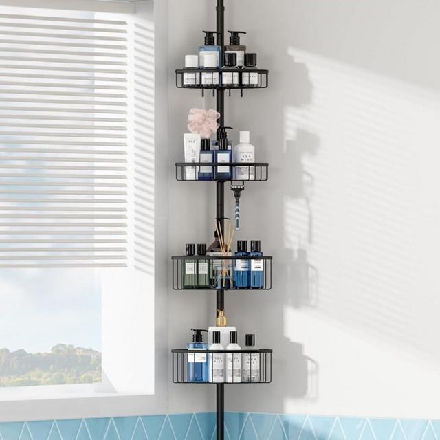 ATKEEN Corner Shower Caddy Tension Pole: Rustproof Inside Shower Organizer with 4 Tier Adjustable Shelves for Bathroom Bathtub Tub Shampoo Storage Holder - Floor Standing Bath Rack with Rod
