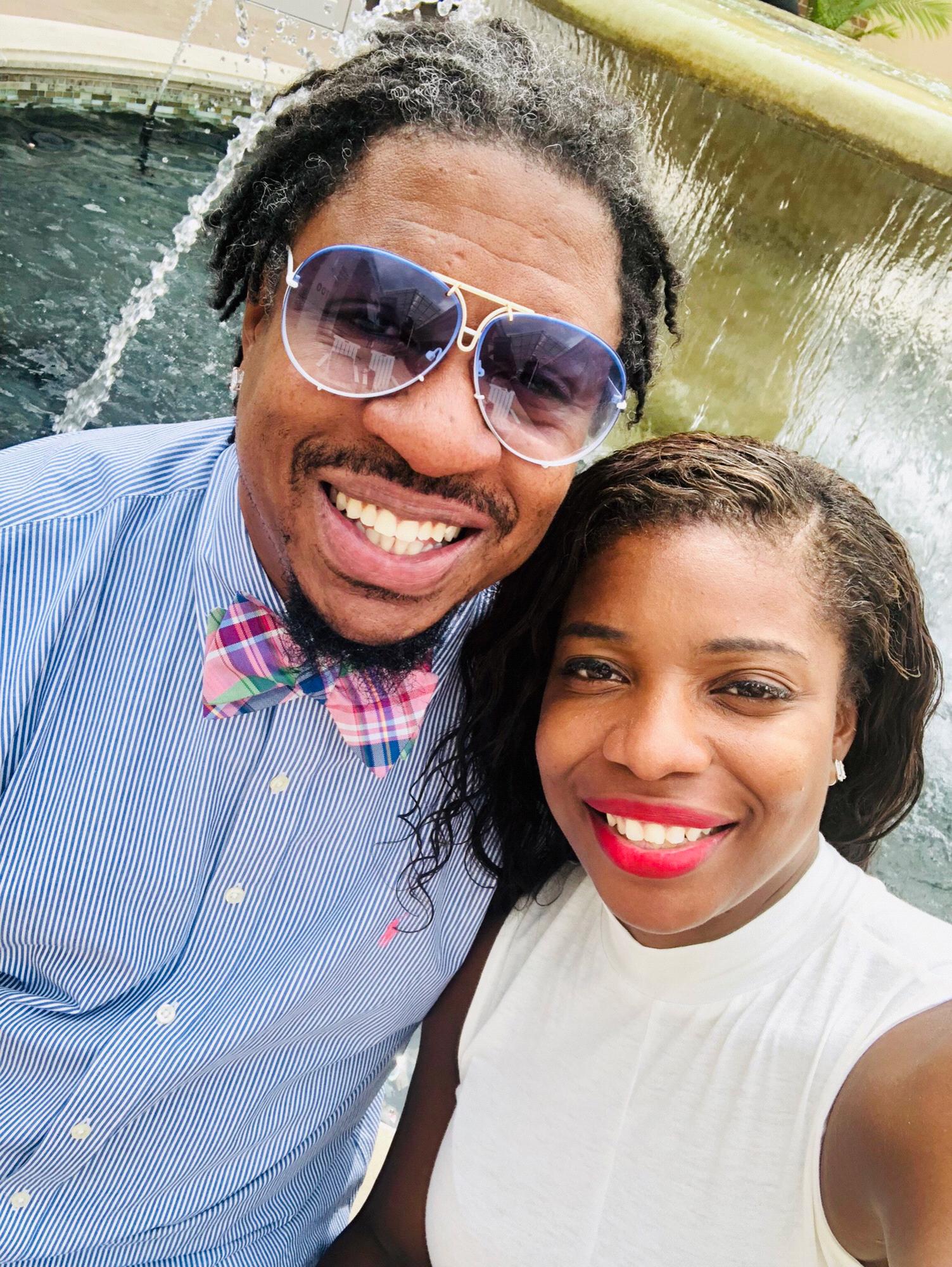 Took a break during a shopping trip to take a pic by the fountain in National Harbor Outlets  - September 2018