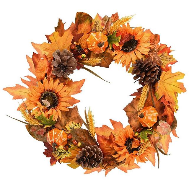 Shiny Flower Artificial Halloween Wreath Natural Fake Sunflowers Pine Cone Wheat Pumpkins Maple Leaves Front Door Hanging Wreath Thanksgiving Day Indoor or Outdoor Decoration