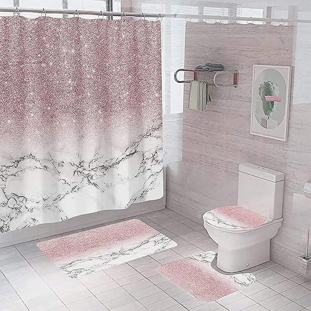 juwute 4 Pcs Pink Shower Curtain Set with Rug Marble Bathroom Sets with 12 Hooks,Shiny (No Glitter) Toilet Lid Cover Sets with Non-Slip Rug Bath Mat for Bathroom, Polyester, Waterproof, 72x72 Inch
