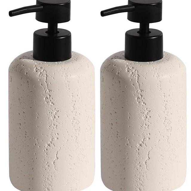 Haocoott Soap Dispensers 340mL 11 OZ, 2 PCS Luxurious Hand Dish Lotion Shampoo Soap Dispenser Jar, Travertine Soap Pump Bottles for Kitchen Bathroom Countertop (Cream)