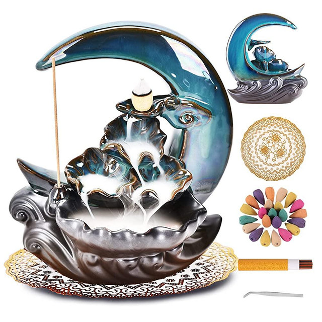 Zvaiuk New Moon Backflow Incense Holder,Waterfall Incense Burner ，Ceramic Hand-Made Incense Fountain Burner with 100 Backflow Incense Cones，Fragrance Incense Stick，mat，Aromatherapy Home Decoration