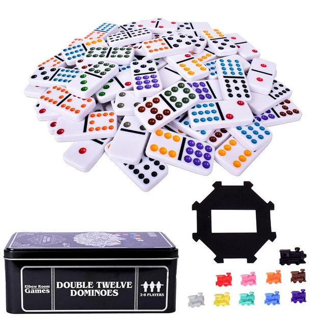 Sunny Days Entertainment Elbow Room Games Double Twelve Dominoes Set with 91 Dominoes, 10 Trains, Starter Piece, Storage Tin – Perfect for Mexican Train, Block, and Draw – for 2-8 Players