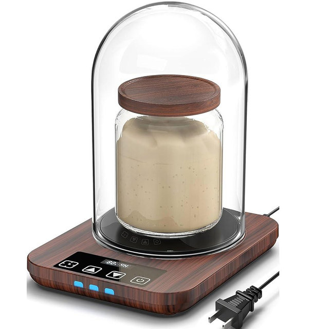 Sourdough Starter Warmer with Glass Dome, Warming Heating Pad Mat for Sour Dough Starter, Sourdough Heater Proofing Tool for Jars 24oz 34oz 40oz (Wood Grain)