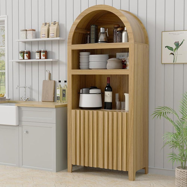 UEV 71" Tall Arched Wood Farmhouse Kitchen Pantry Cabinet, 5-Tier Storage with Doors and Drawers, 70.9"W x 15.4"H x 30.7"D, Holds Up to 50lbs, Kitchen, Dining Room, Living Room