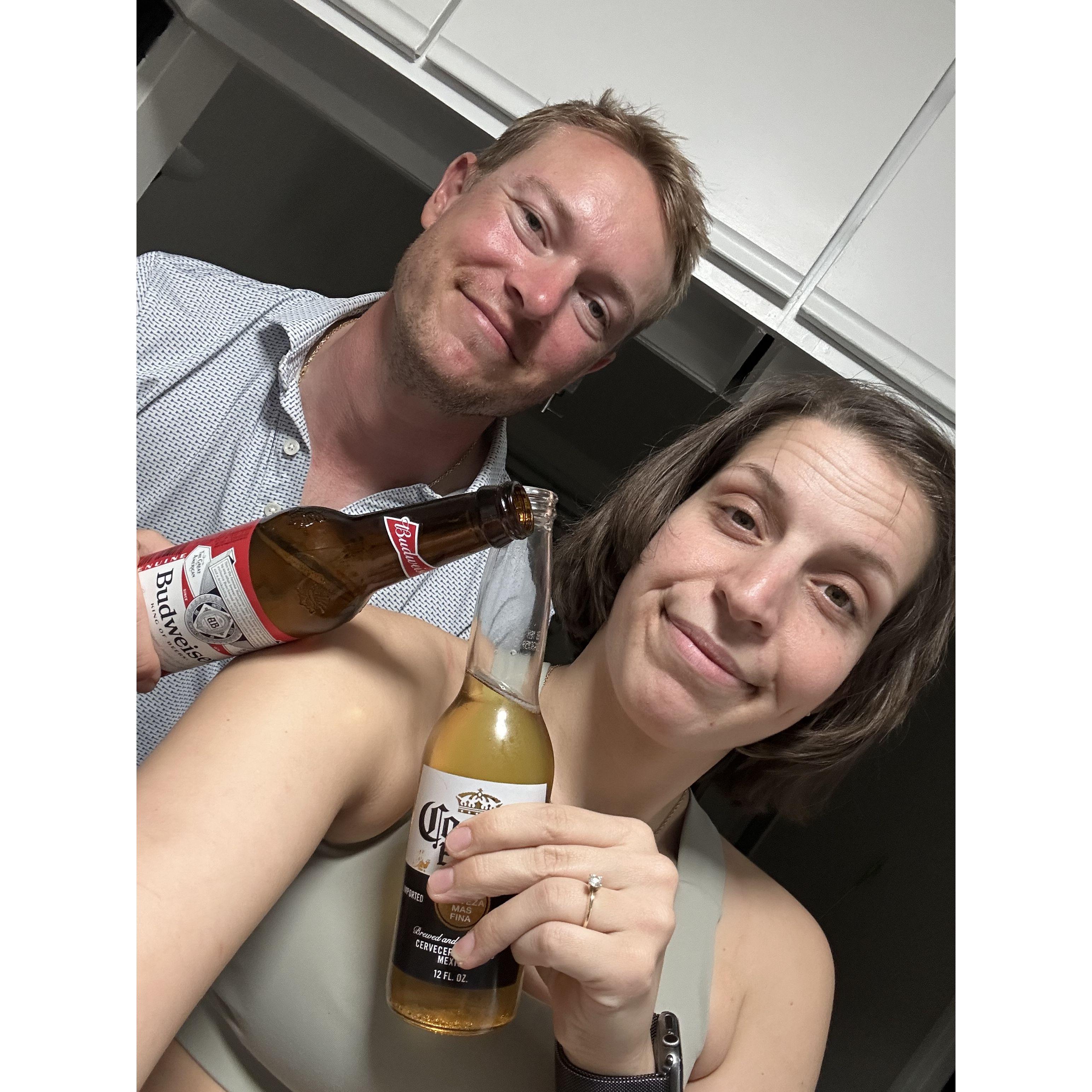 The first beer in our first rental apartment together.
