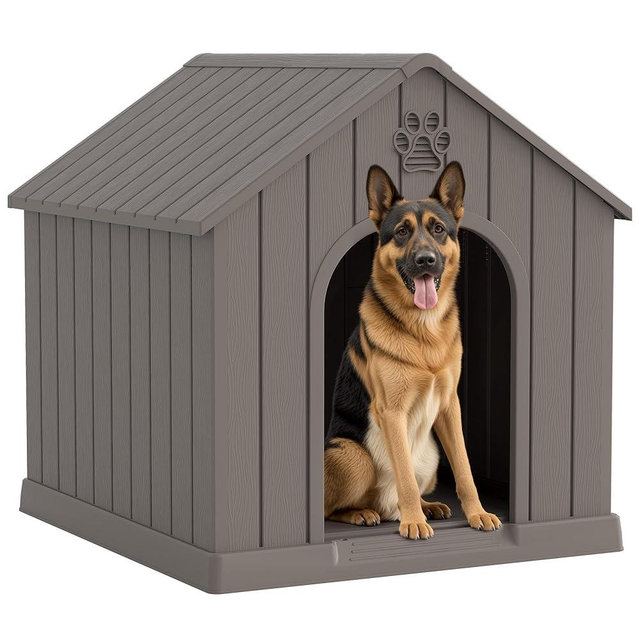 Fancyango Large Dog House Outdoor Indoor for Medium Large Dogs, Durable Plastic Waterproof Doghouse with Air Vents and Elevated Floor, Easy Clean and Assemble (Grey, 36.2''L×38''W×38''H)