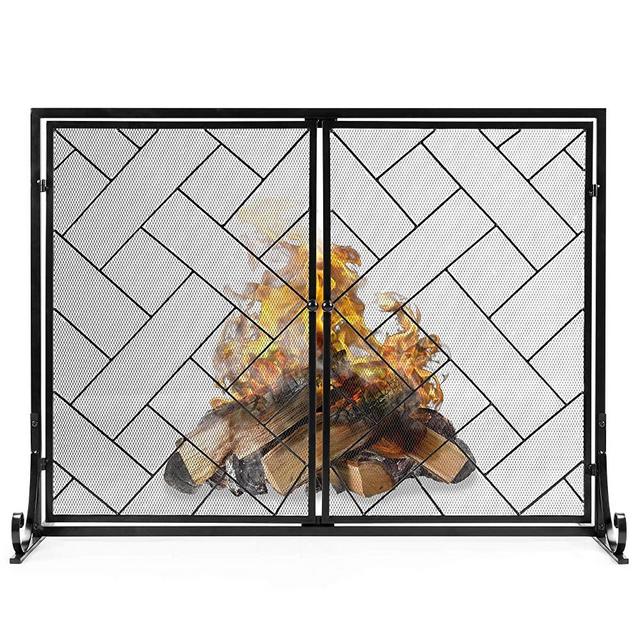 Best Choice Products 44x33in 2-Panel Handcrafted Wrought Iron Decorative Geometric Fireplace Screen w/Magnetic Doors