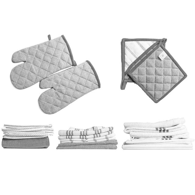 Salt Earth Kitchen Towels and Dishcloths Sets, 20 Pc Kitchen Essentials for New Home, Heat Resistant Oven Mitts & Pot Holders, Absorbent Flour Sack Dish Towels, Apron- Ash Grey