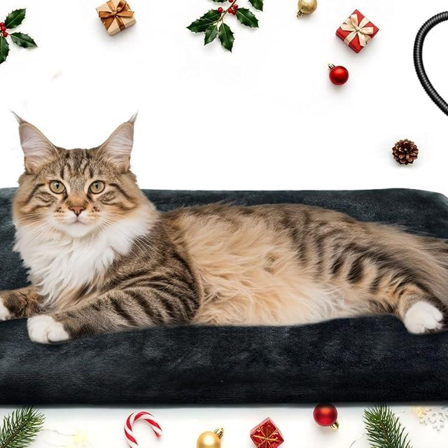 Kabaripet Pet Heating Pad for Cats & Dogs, Electric Heated Cat Bed with Adjustable Temperature (12 Levels) & Timer (12 Options), Chew-Resistant Cord, Indoor & Outdoor Use 18“x18”-25W