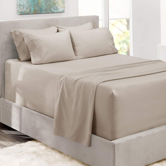 Hearth & Harbor Bed Sheets, Luxury Soft 6 Piece Bed Sheet Set Extra Deep Pocket Fitted Sheets Fits Mattress up to 21", Double Brushed Bedding Sheets & Pillowcases, Split King Natrual Linen