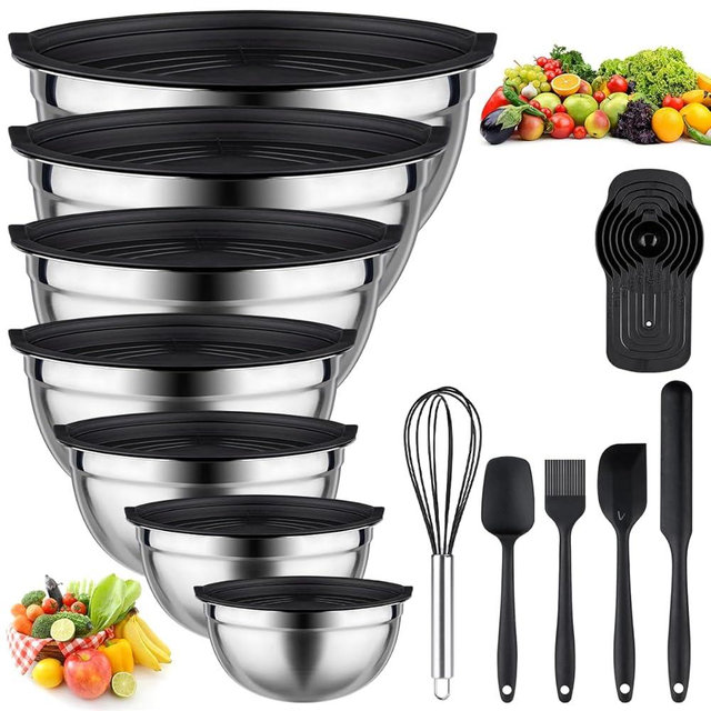 Mixing Bowls with Lids set - 26 PCS Stainless Steel Nesting Black Mixing Bowls Set for Baking, Mixing, Serving & Prepping, Size 5, 3.7, 2.8, 2.3, 1.7, 1.1, 0.7QT, 11 Cooking Utensils