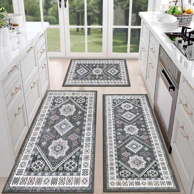 HEBE Kitchen Rugs Sets of 3 Farmhouse Kitchen Mats for Floor Non Slip Washable Kitchen Rugs and Mats Boho Kitchen Runner Rug Vintage Kitchen Carpet Runner Rugs for Kitchen Floor