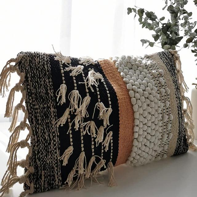 Decorative Boho Pillow Cover Lumbar 12” x 20”, Soft Moroccan Rustic Throw with Tufted Accents, Plush Handwoven Cotton, Neutral Farmhouse Home Decor | Made with Love and Care in India (Lumbar 12x20)