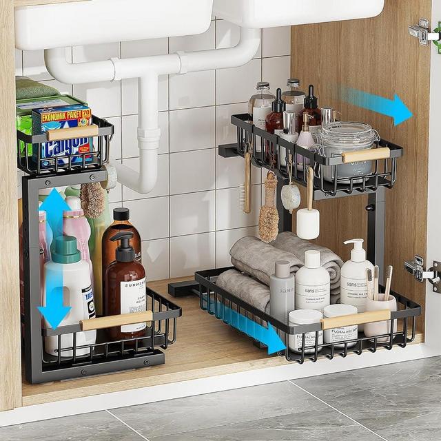 exilot 2 Pack Under Sink Organizer, Large 2 Tier Under Sink Organizer Storage, Height Adjustable Metal Pull Out Cabinet Organizer, Sliding Storage for Kitchen/Bathroom/Laundry Room.
