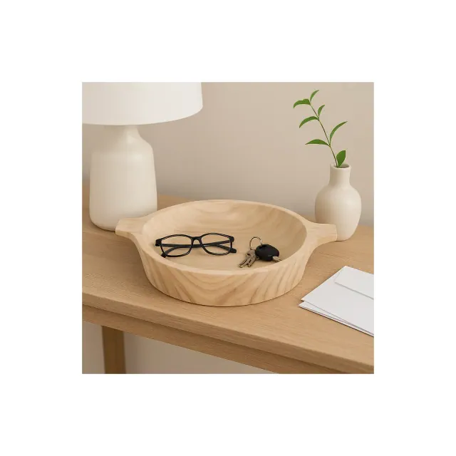 Modern Round Wood Decorative Bowl with Handles for Coffee Table - Centerpiece Table Decorations and Dining Room for Home Decor Accents - 3.5", Brown
