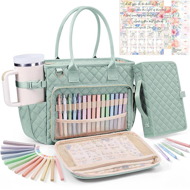Large Bible Bag with Bible Cover Case for Women, Quilted Church Tote Bag Carrying Case w/Shoulder Strap Bible Study Supplies Journaling Kit Accessories Mothers Day Christian Gift for Women Mom Teacher