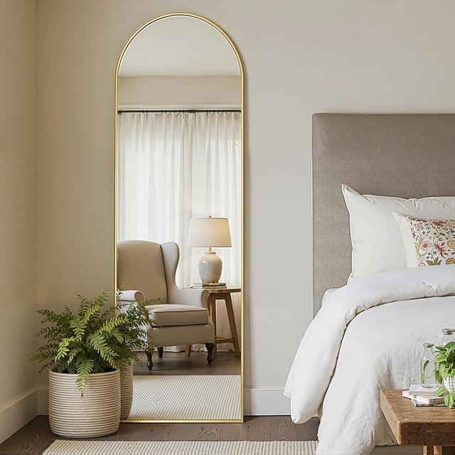 MISSDAY 64"x21" Arched Full Length Mirror, Full Body Mirror with Stand, Floor Mirror Long Free Standing, Leaning or Hanging, Aluminum Thin Frame Wall-Mounted Mirrors Wall Mirrors for Bedroom, Gold