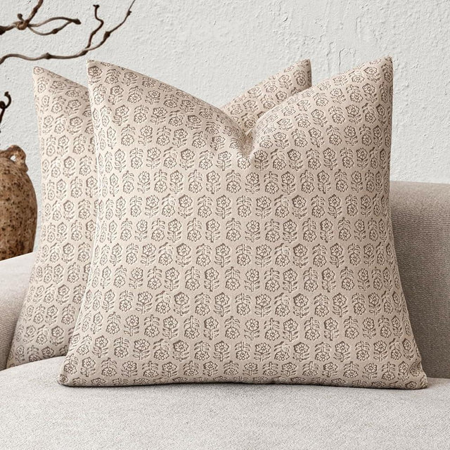 Foindtower Set of 2 Decorative Vintage Floral Print Throw Pillow Covers Neutral Modern Farmhouse Cushion Covers Boho Home Decor for Sofa Couch Chair Bedroom Living Room Outdoor,20×20 Inch,Ivory Beige