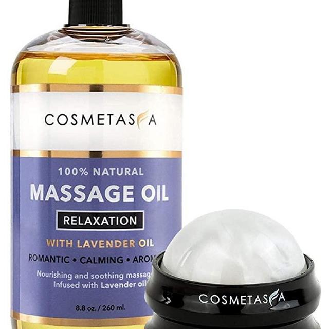 Lavender Relaxation Massage Oil with Massage Roller Ball- 100% Natural Blend of Spa Quality Oils for Romantic, Calming, Aromatic, Soothing Massage Therapy 8.8 oz by Cosmetasa