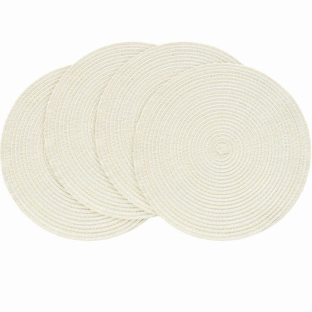 Floroom 15 Inch Round Braided Placemats Set of 4, Washable Heat Resistant Cotton Polyester Circle Place Mats for Kitchen Dining Table - Ivory Cream