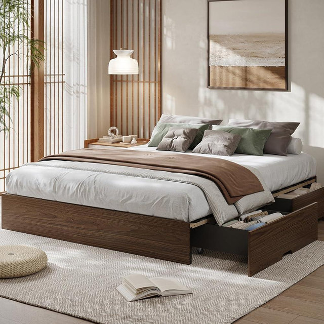 GarveeHome California King Wood Platform Bed Frame with 2 Storage Drawers, Wooden Bed Frame Without Headboard, Wood Slat Support, No Box Spring Needed, Easy Assembly