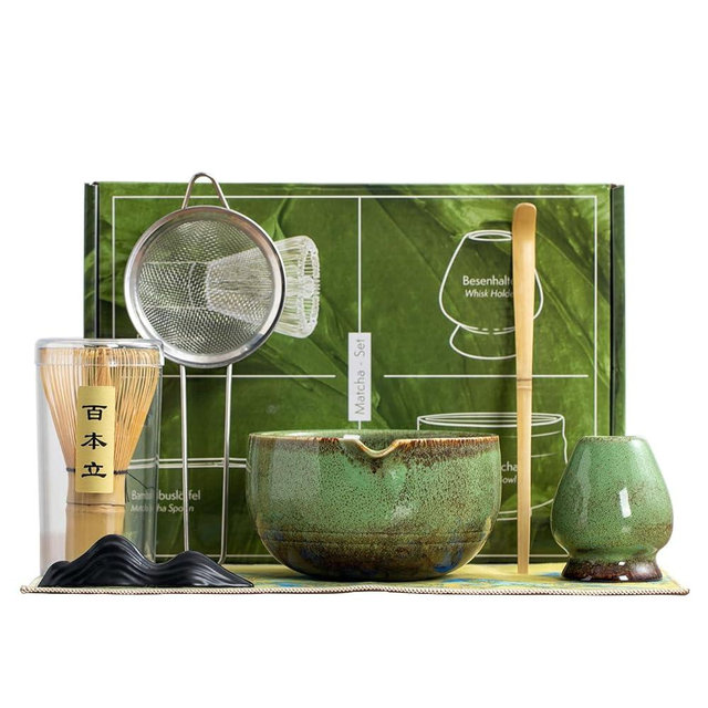 Japanese Matcha Set, Ceramic Matcha Whisk Set Includes Matcha Bowl, Matcha Whisk and Holder, Bamboo Scoop, Scoop Rest, Sifter and Tea Towel, The Perfect Bamboo Whisk for Matcha Tea