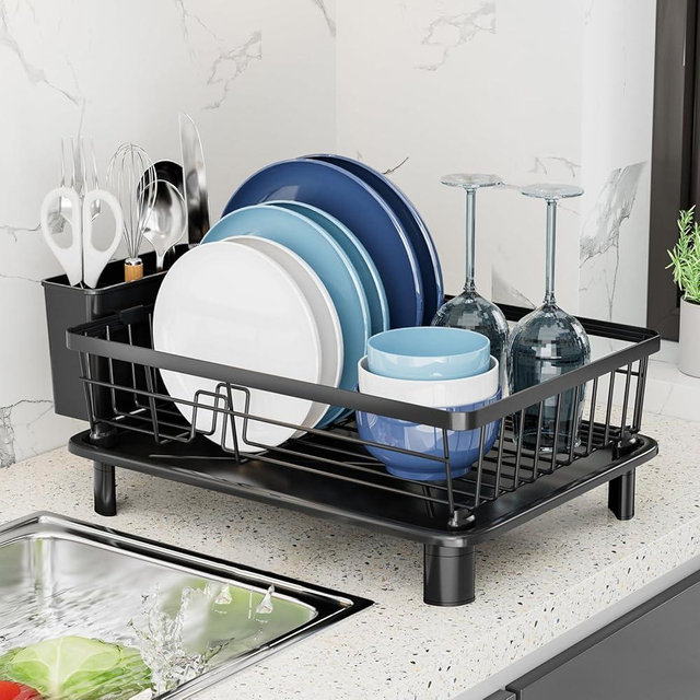 GAOKASE Dish Drying Rack, Space-Saving Dish Rack, Dish Racks for Kitchen Counter, Kitchen Dish Drainers with Removable Utensil Holder,Plate Rack and Drainboard, 11''W x 15''L, Black