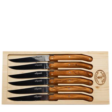 Jean Dubost 6 Steak Knives with Rustic Range Olive Wood Handles in a Box