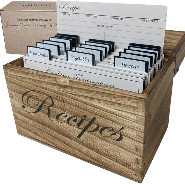 Wooden Recipe Box with Cards and Dividers - Large Rustic 4x6 Recipe Card Box, Wipe Clean Surface, Recipe Card Holder, 100 Double-Sided Cards, 20 Thick Dividers with Stickers, Charts, Complete Gift Set
