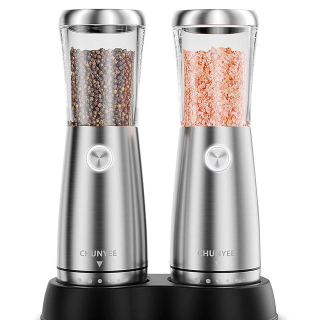 Electric Salt and Pepper Grinder Set - Automatic Stainless Steel Rechargeable Salt and Pepper Grinder Set with Storage Base, Large Capacity, LED Light & Adjustable Coarseness, Ideal Kitchen Gadget