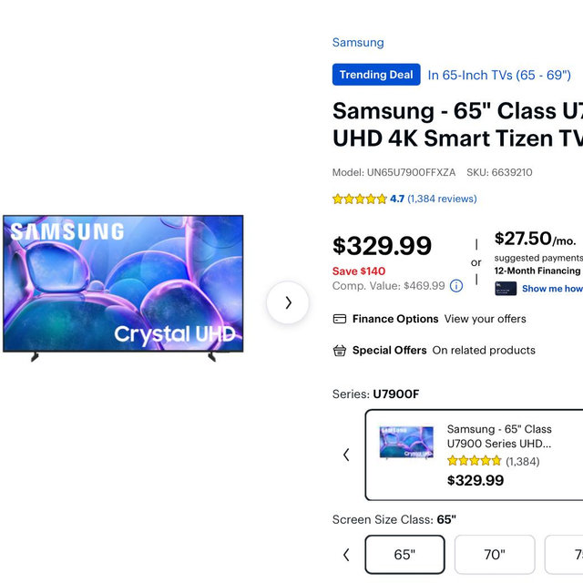 Samsung - 65" Class U7900 Series UHD 4KSmart Tizen TV (2025)