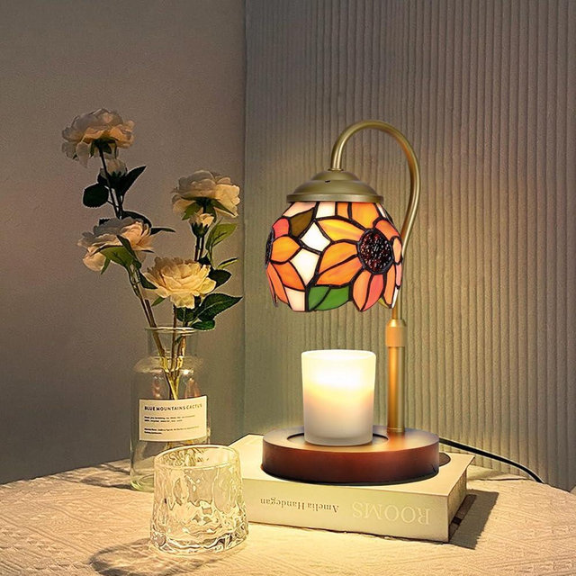 Sunflower Tiffany Candle Warmer Lamp with Wood Base - Height Adjustable, 2/4/8H Timer, 4-Level Dimmer - Includes 2 GU10 Bulbs - Farmhouse Aesthetic Room Decor & Gifts for Women, Fits Candles up to 5"