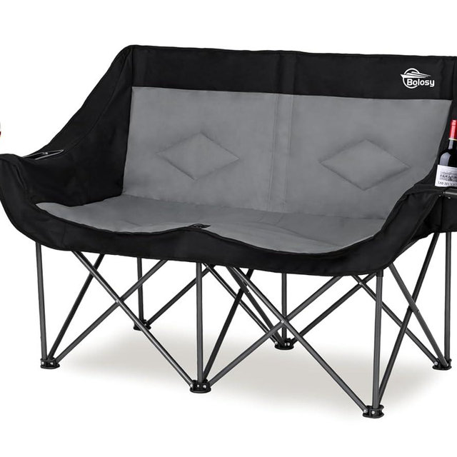 Bolosy Double Camping Chair Oversized Folding Loveseat Camping Couch Duo Chair Heavy Duty 2 Person Camp Chair with Cup Holder Lawn Chair Sport Chair- Supports 650 LBS - Black